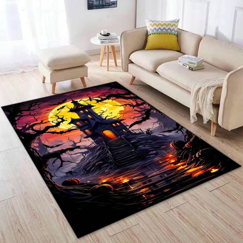 Haunted Mansion Halloween Rug, Spooky Moonlit Castle Carpet, Dark Fantasy Decor Mat