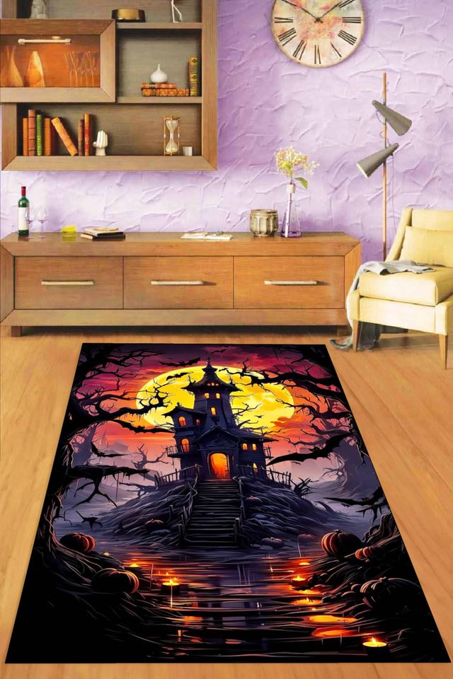 Haunted Mansion Halloween Rug, Spooky Moonlit Castle Carpet, Dark Fantasy Decor Mat