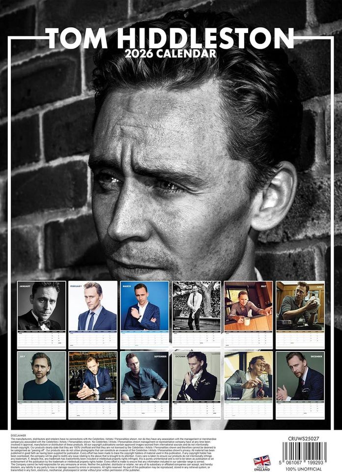 Tom Hiddleston 2026 Wall Calendar