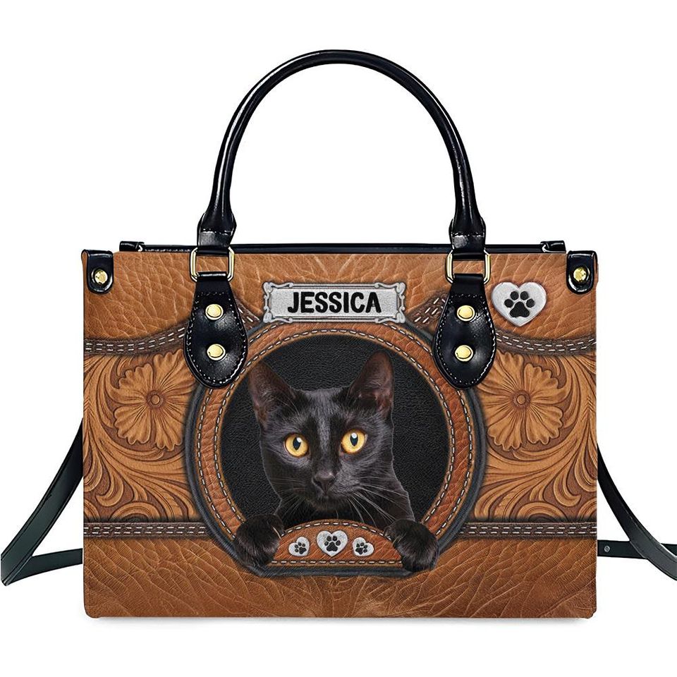 Personalized Black Cat Leather Handbag For Women, Cat Tote Bag, Custom Pet Portrait Bag, Animals PU Leather Bag Gift, Cat Mom Gift