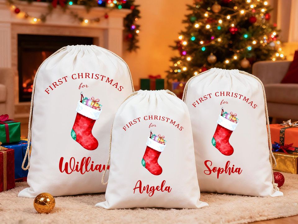 Personalized Santa Sack, Large Christmas Sack, Personalized Christmas Toy Sack with Name Initial, Christmas Gift Bag, First Christmas Gift