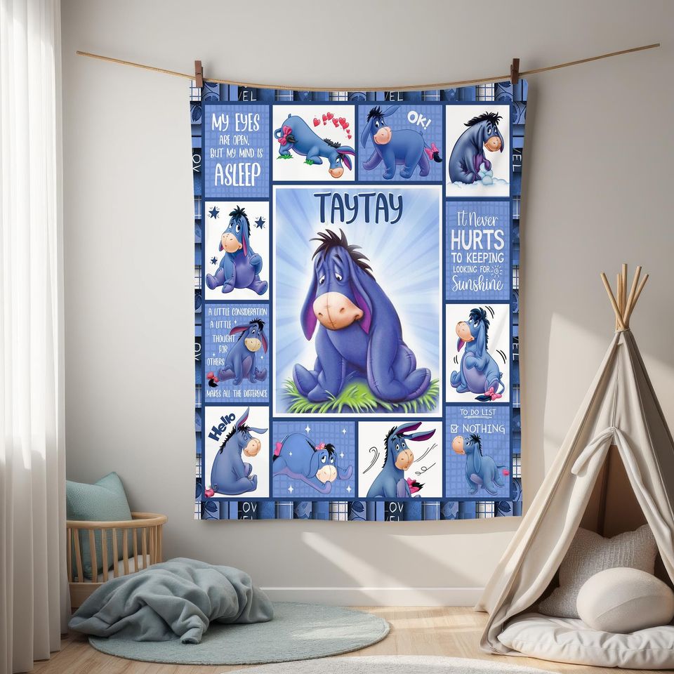Personalized Eeyore Blanket, Eeyore Baby Name Blanket, Winnie The Pooh Eeyore Birthday Party Blanket, Eeyore Christmas Gifts