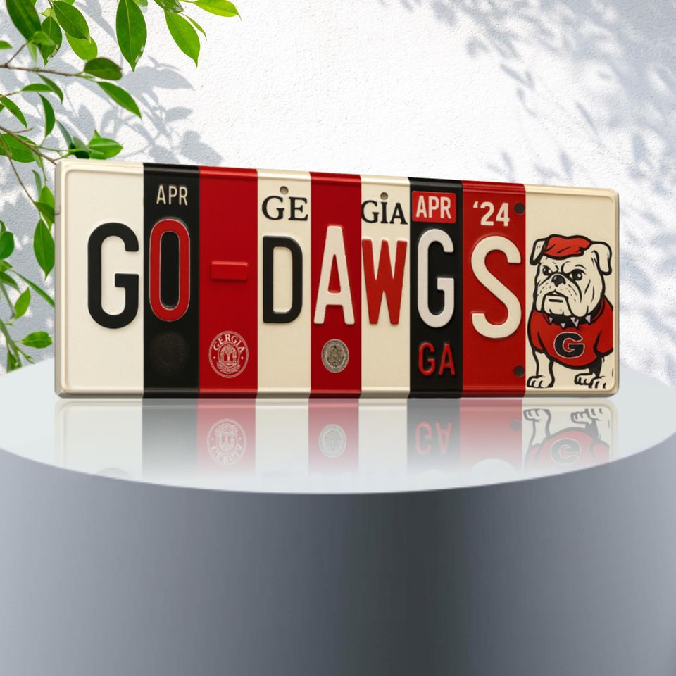 Go Dawgs License Plate Sign - GA Bulldogs Metal Wall Art for Fan Cave, Dorm, and Game Day Decor