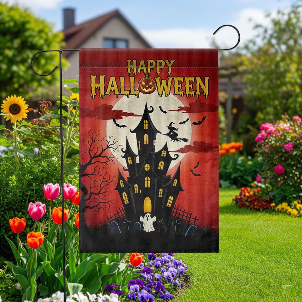 Halloween Garden Flag: Haunted House, Witch & Bats Decor
