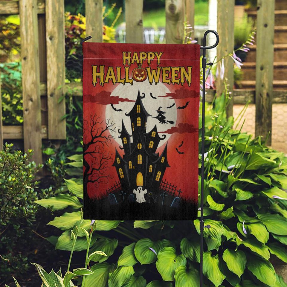 Halloween Garden Flag: Haunted House, Witch & Bats Decor