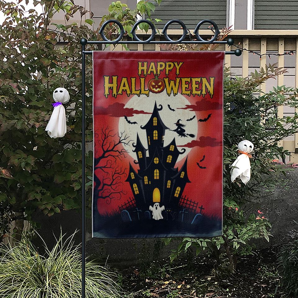 Halloween Garden Flag: Haunted House, Witch & Bats Decor