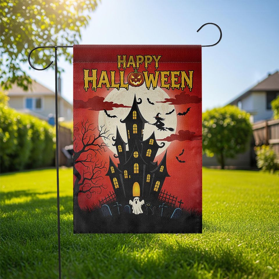 Halloween Garden Flag: Haunted House, Witch & Bats Decor