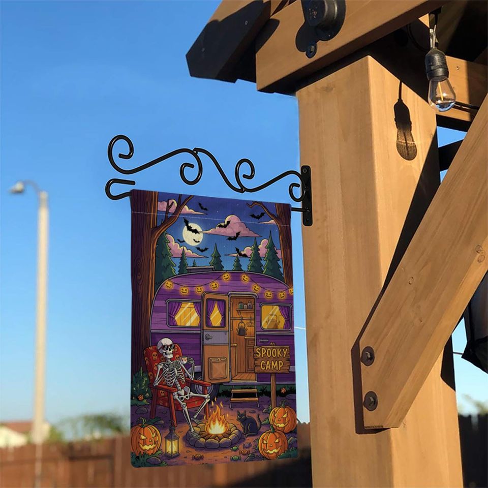 Spooky Camp Halloween Garden Flag  Skeleton Camper Firepit Yard Decor  Fall Camping Outdoor Sign