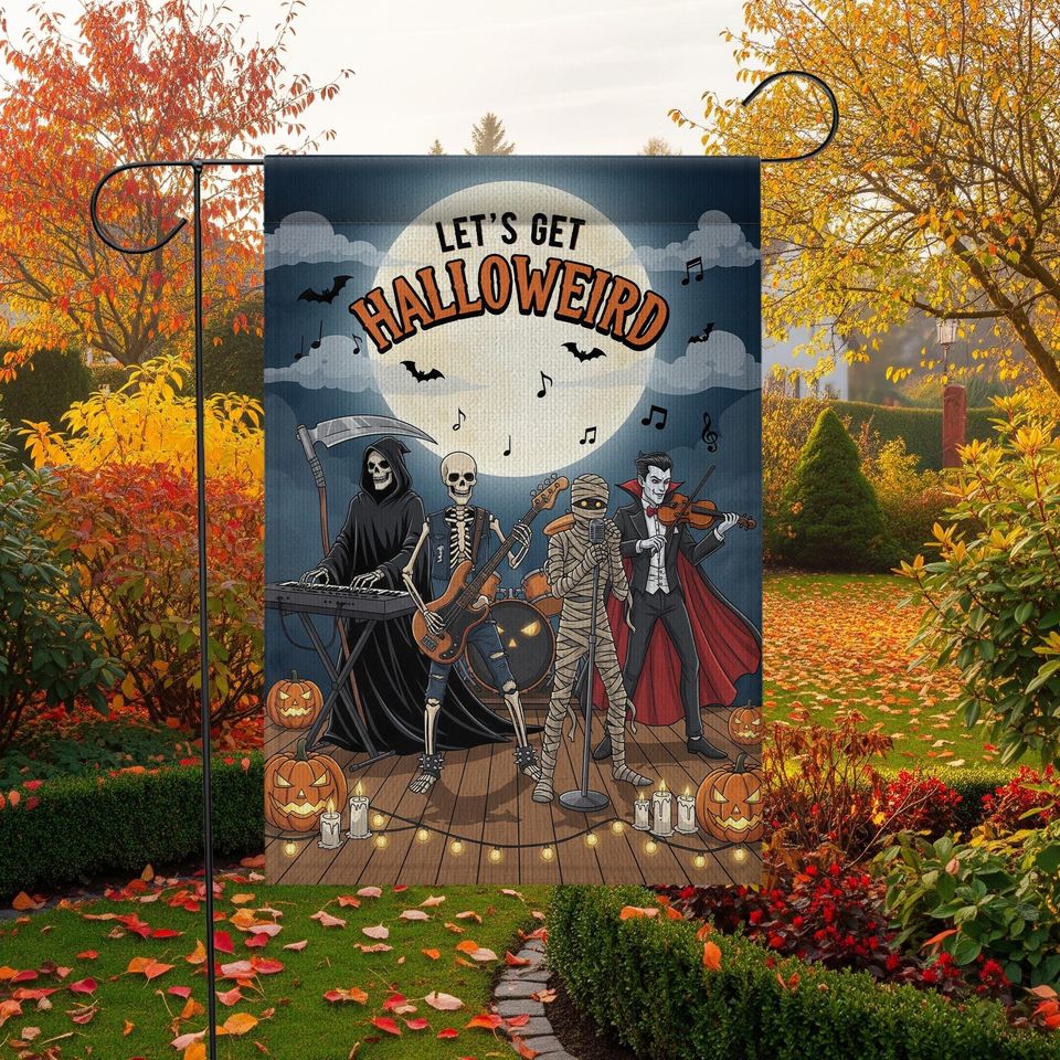Funny Halloween Garden Flag: Skeleton Band, Grim Reaper & Vampire - Spooky Yard Decor