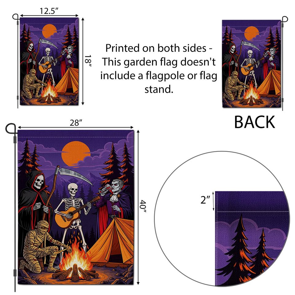 Halloween Campfire Garden Flag  Grim Reaper Skeleton Vampire Mummy Funny Spooky Decor