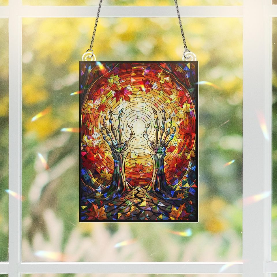 Skeleton Hands Suncatcher: Holographic Autumn Leaves Gothic Window Decor
