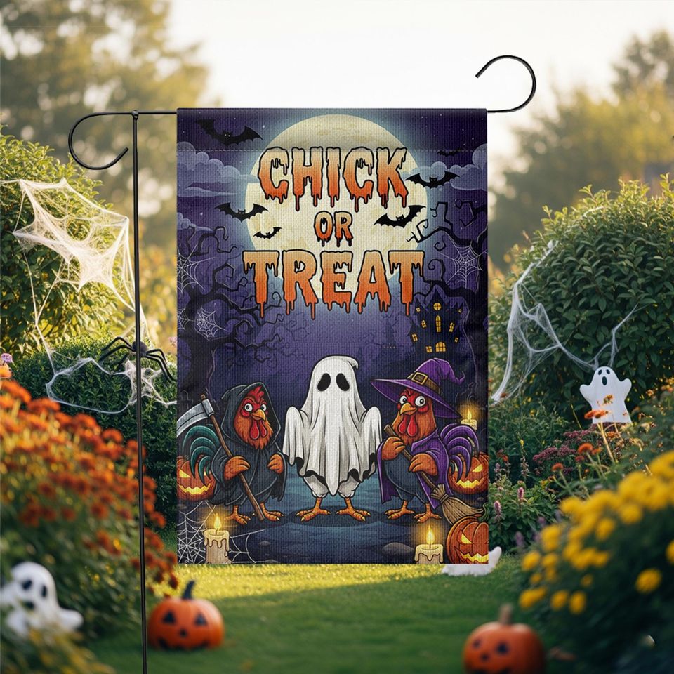 Funny Chicken Halloween Garden Flag: Ghost Rooster Farmhouse Decor