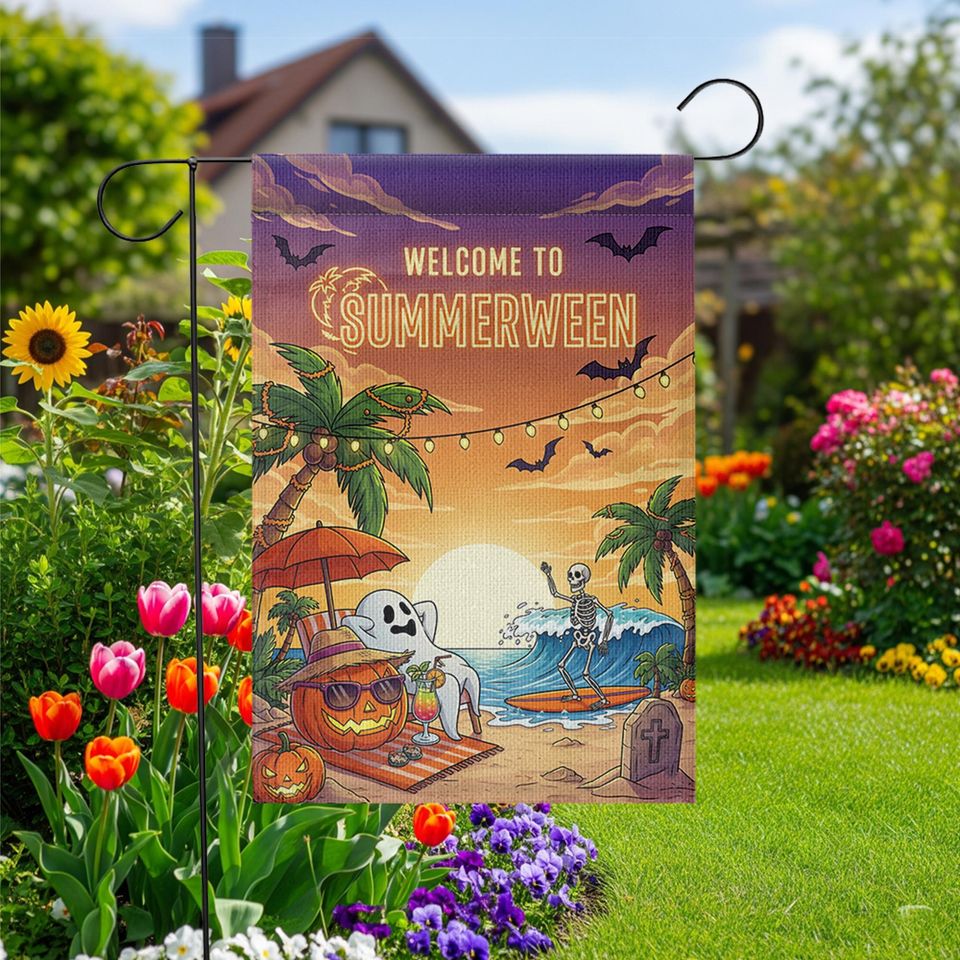 Summerween Garden Flag  Funny Halloween Beach Decor with Skeleton & Ghost