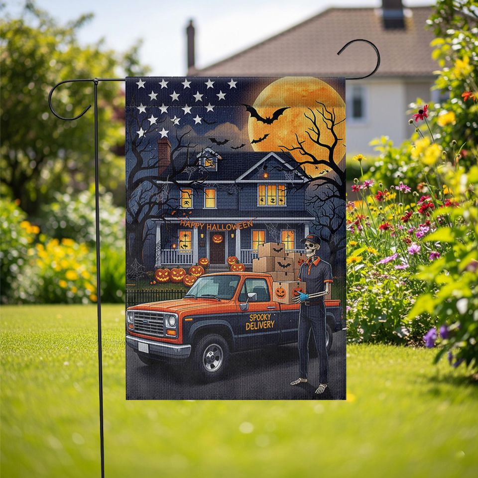 Skeleton Delivery Driver Halloween Garden Flag: Spooky Fall Decor