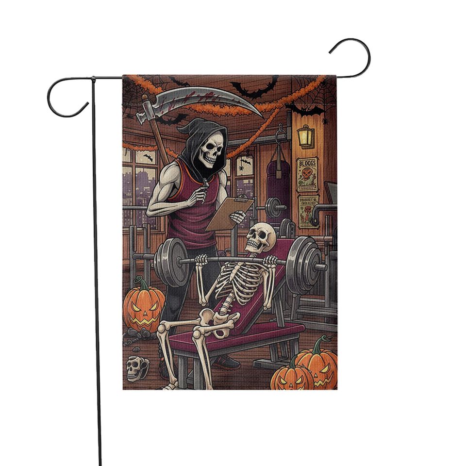 Skeleton Gym Halloween Garden Flag, Funny Weightlifting Yard Decor, Grim Reaper