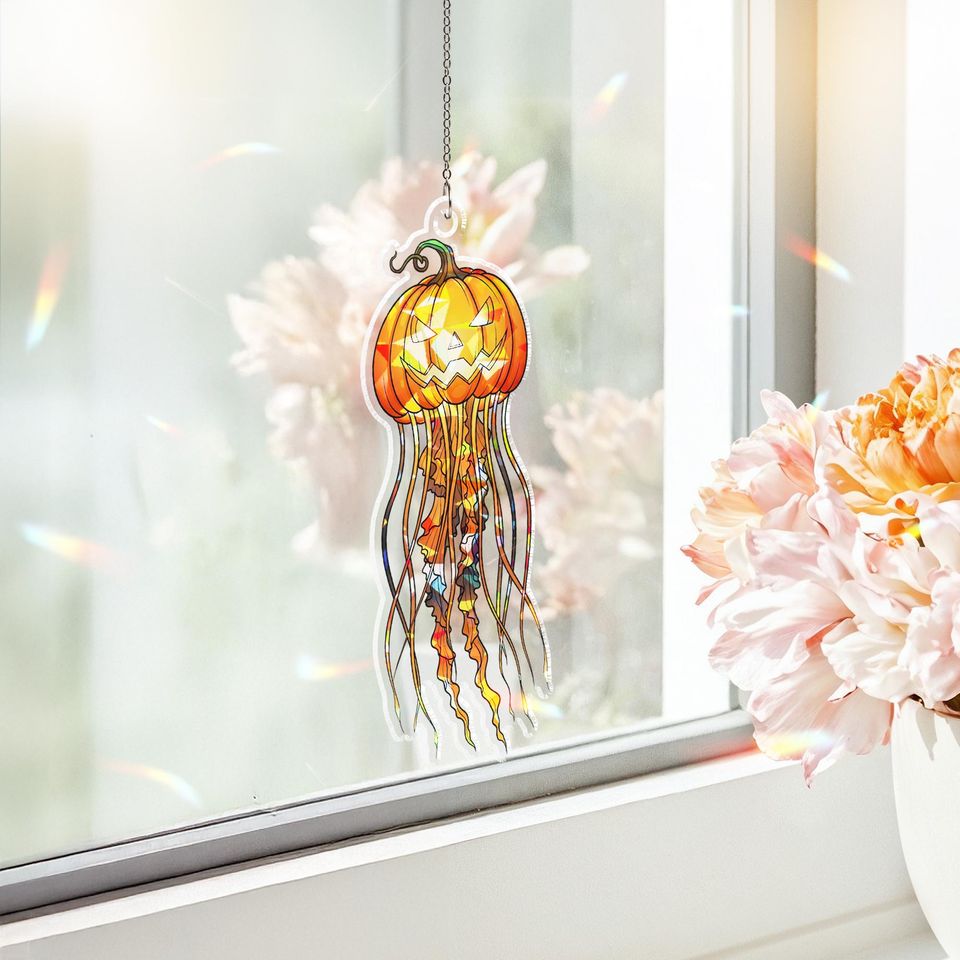 Halloween Pumpkin Jellyfish Suncatcher  Jack-O-Lantern Window Decor  Spooky Fall Sun Catcher