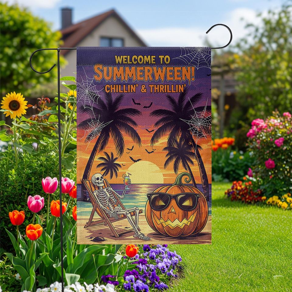 Summerween Garden Flag: Spooky Skeleton Pumpkin Decor