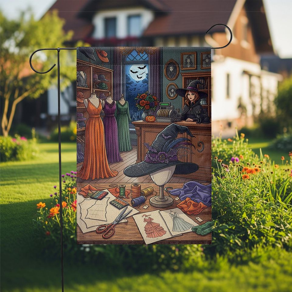 Witch Sewing Room Garden Flag: Halloween Dressmaker Decor