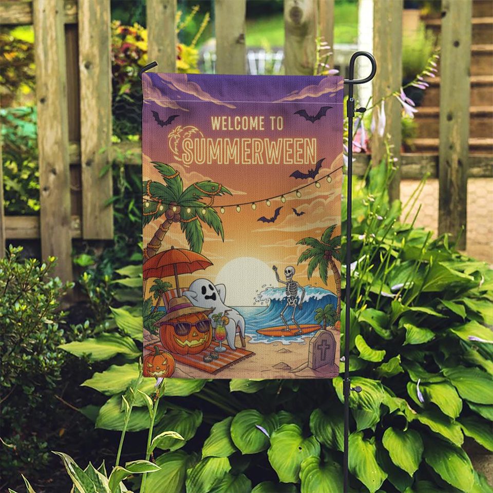 Summerween Garden Flag  Funny Halloween Beach Decor with Skeleton & Ghost