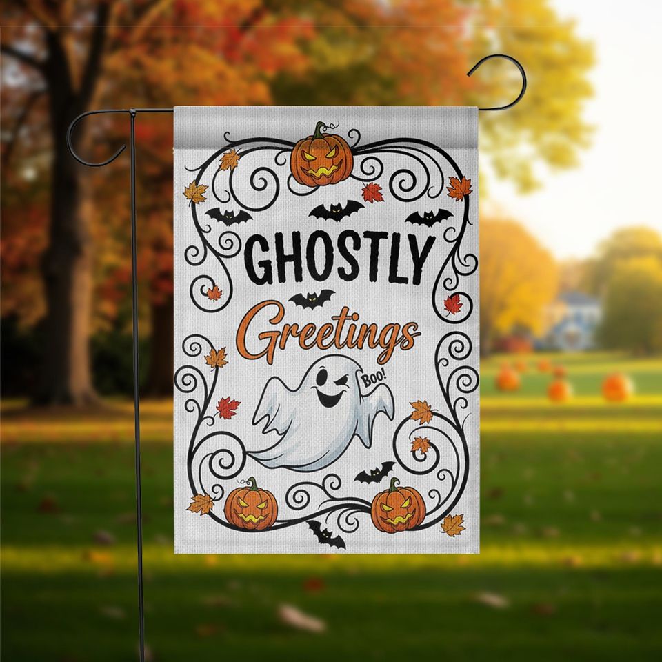 Ghostly Greetings Halloween Garden Flag  Cute Ghost Yard Decor with Pumpkins, Bats & Fall Leaves for Spooky Outdoor Decoration