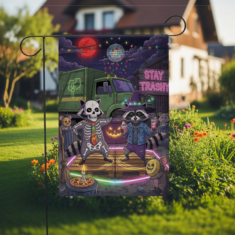 Stay Trashy Halloween Garden Flag: Raccoon Skeleton Witch Party Decor