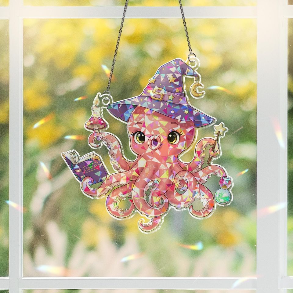Holographic Witch Octopus Suncatcher: Halloween Window Ornament