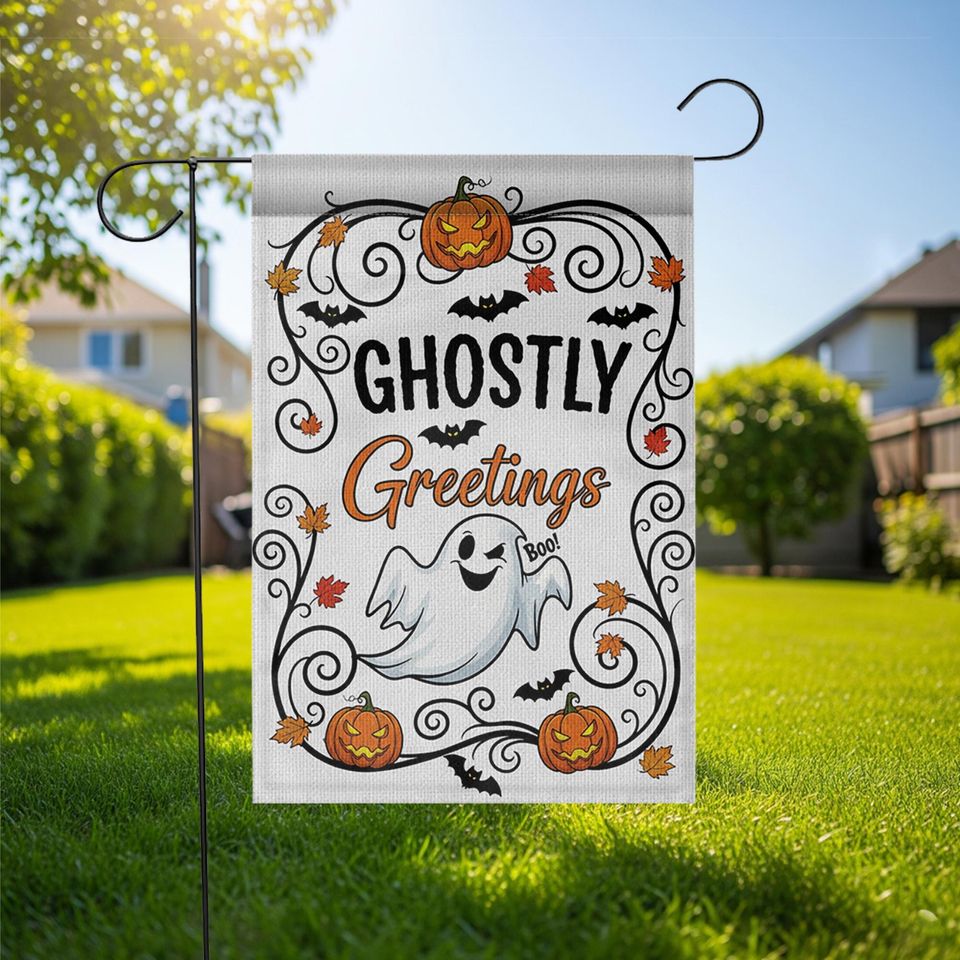 Ghostly Greetings Halloween Garden Flag  Cute Ghost Yard Decor with Pumpkins, Bats & Fall Leaves for Spooky Outdoor Decoration