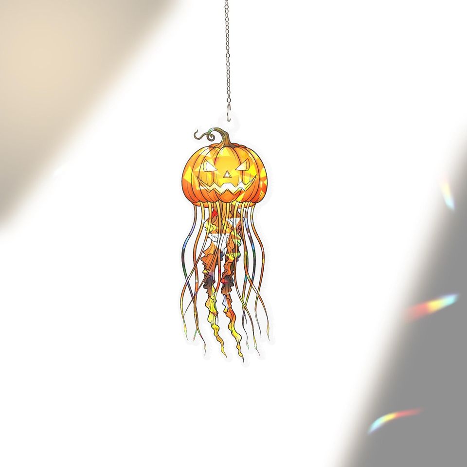 Halloween Pumpkin Jellyfish Suncatcher  Jack-O-Lantern Window Decor  Spooky Fall Sun Catcher