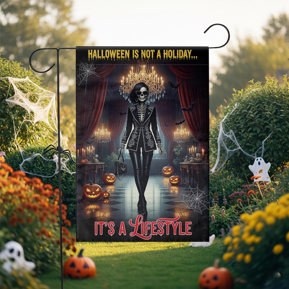 Gothic Halloween Garden Flag: Skeleton, Pumpkins & Bats - Weather Resistant