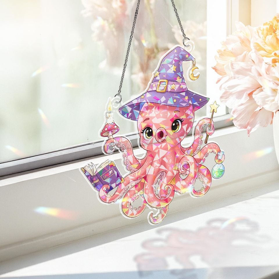 Holographic Witch Octopus Suncatcher: Halloween Window Ornament
