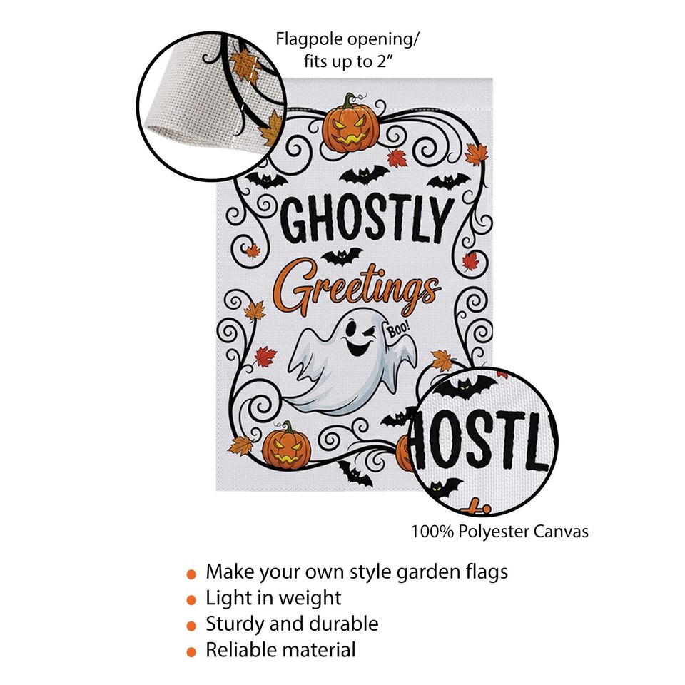 Ghostly Greetings Halloween Garden Flag  Cute Ghost Yard Decor with Pumpkins, Bats & Fall Leaves for Spooky Outdoor Decoration