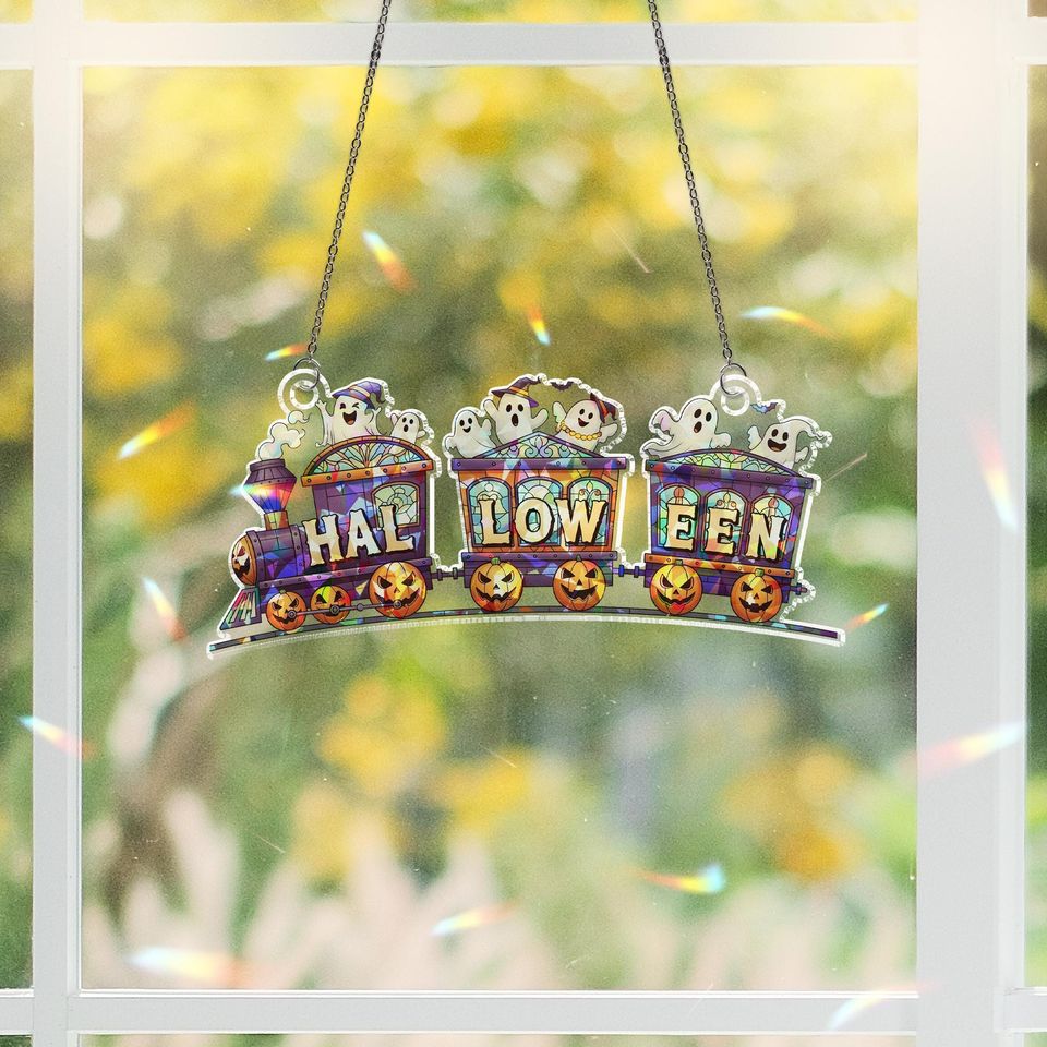 Halloween Train Stained Glass Suncatcher - Ghost Pumpkin Window Decor