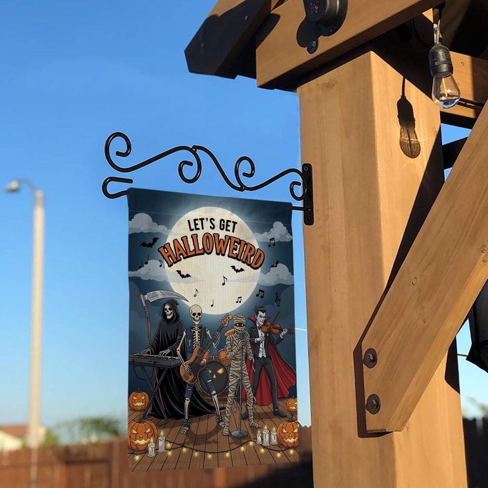 Funny Halloween Garden Flag: Skeleton Band, Grim Reaper & Vampire - Spooky Yard Decor