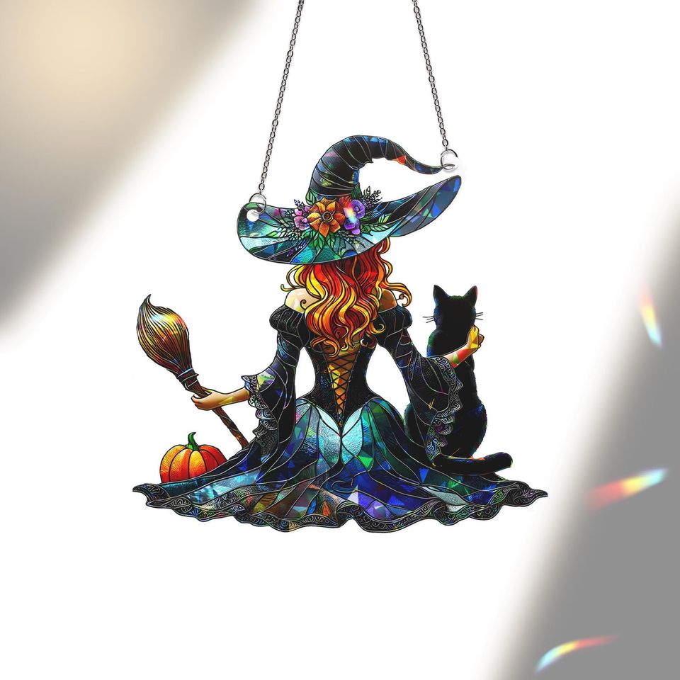 Witch and Cat Suncatcher: Holographic Halloween Window Hanging