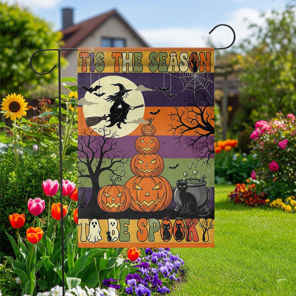 Halloween Garden Flag: Witch, Pumpkin & Black Cat - Outdoor Decor