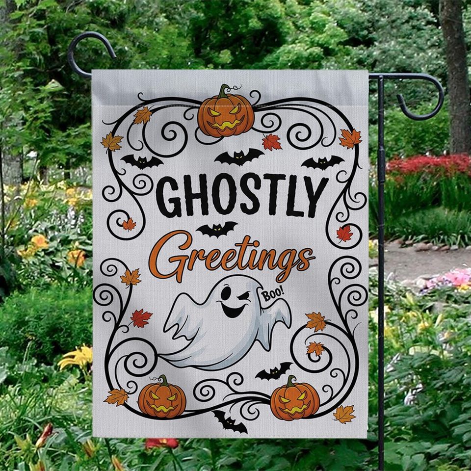 Ghostly Greetings Halloween Garden Flag  Cute Ghost Yard Decor with Pumpkins, Bats & Fall Leaves for Spooky Outdoor Decoration