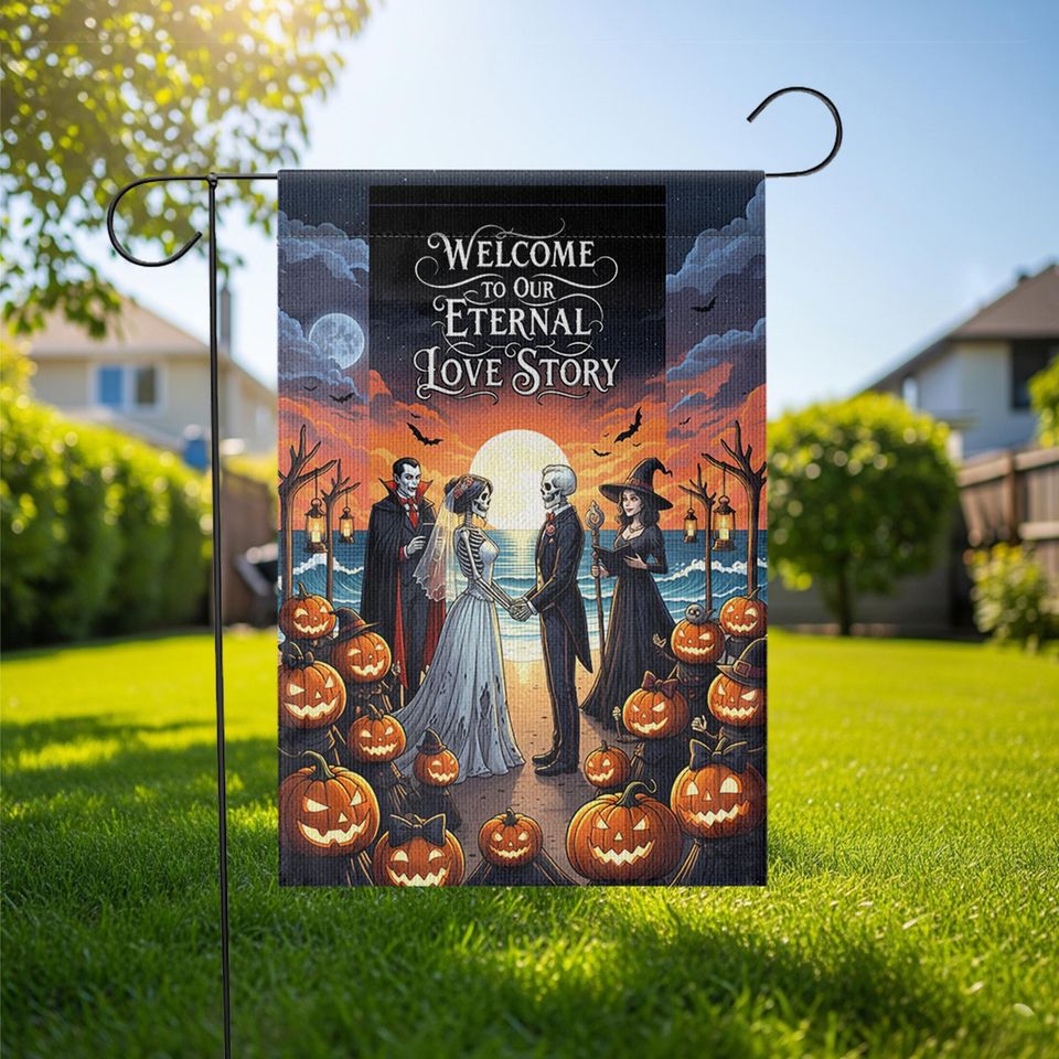 Gothic Halloween Wedding Garden Flag: Skeleton Bride & Groom, Spooky Fall Decor