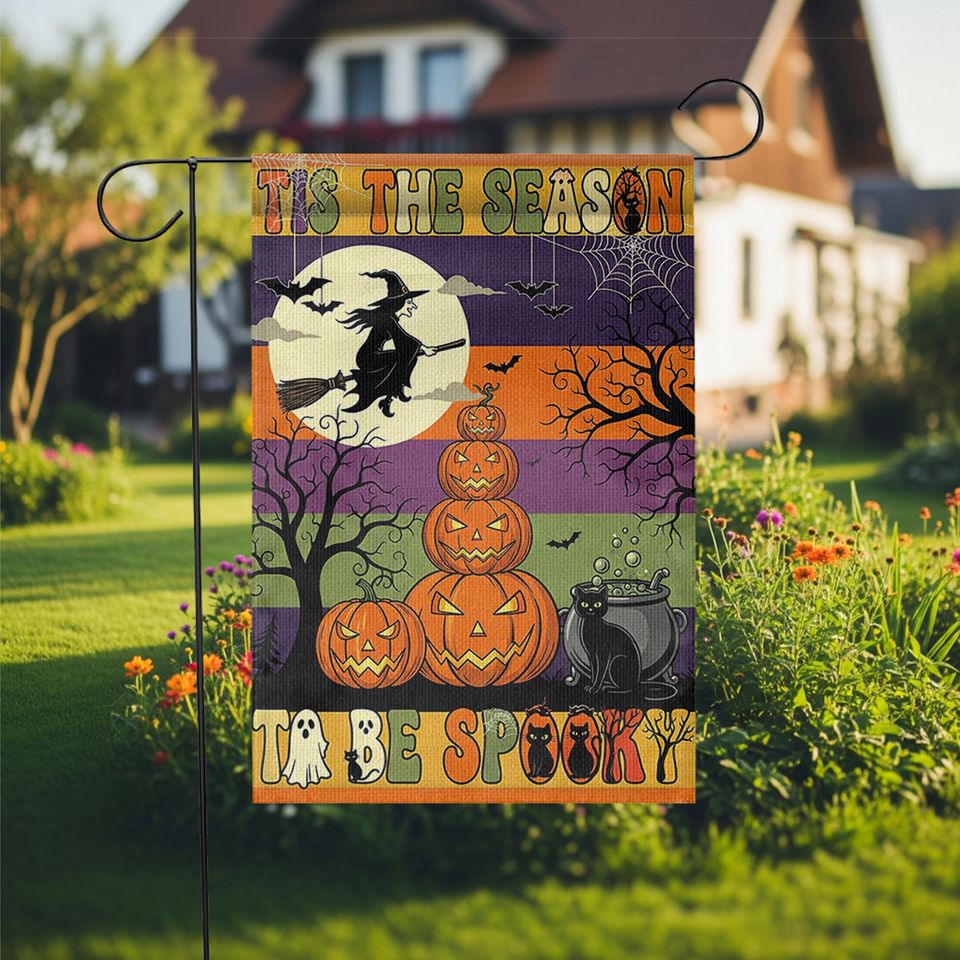 Halloween Garden Flag: Witch, Pumpkin & Black Cat - Outdoor Decor