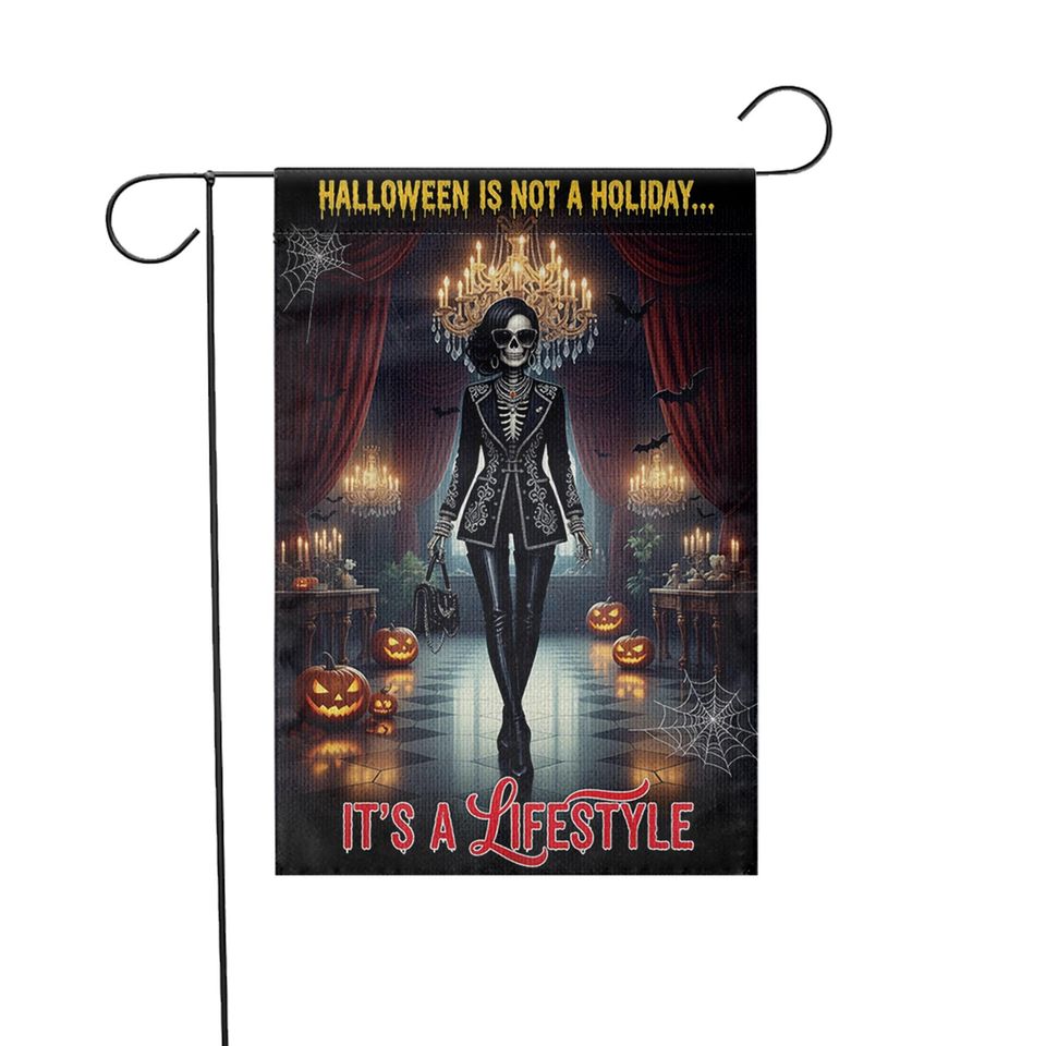 Gothic Halloween Garden Flag: Skeleton, Pumpkins & Bats - Weather Resistant