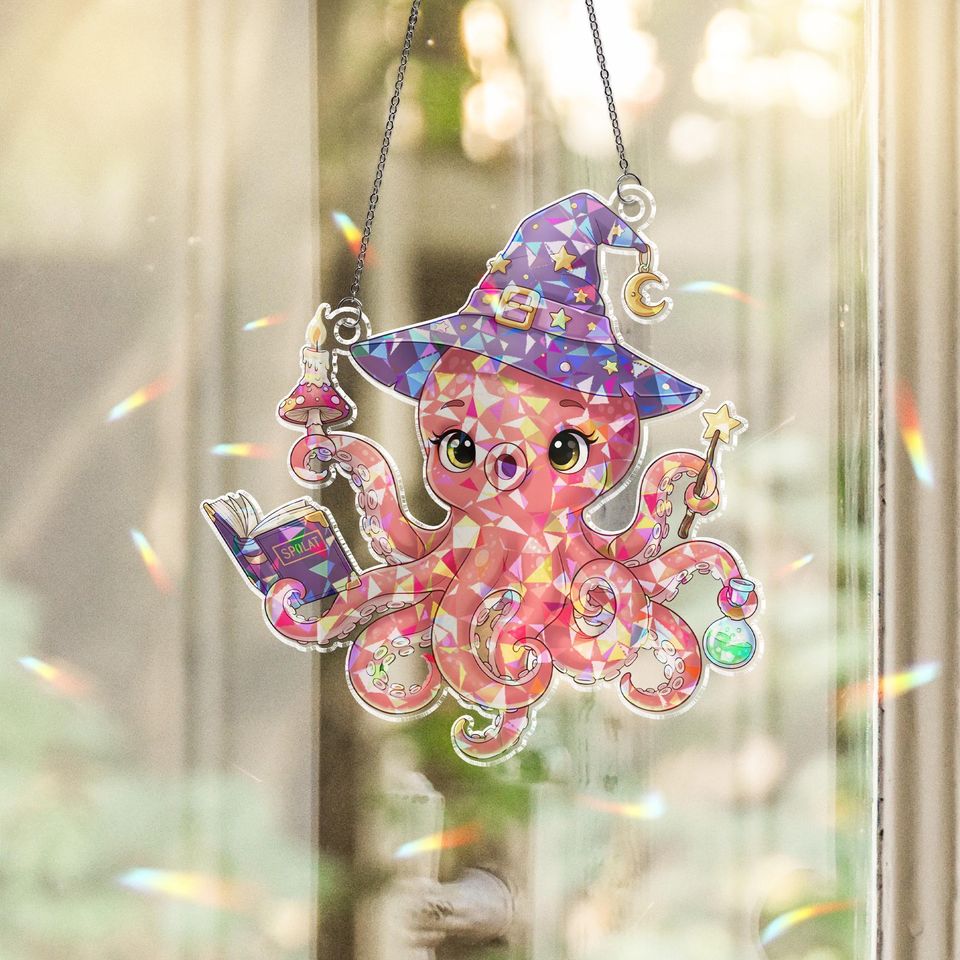 Holographic Witch Octopus Suncatcher: Halloween Window Ornament