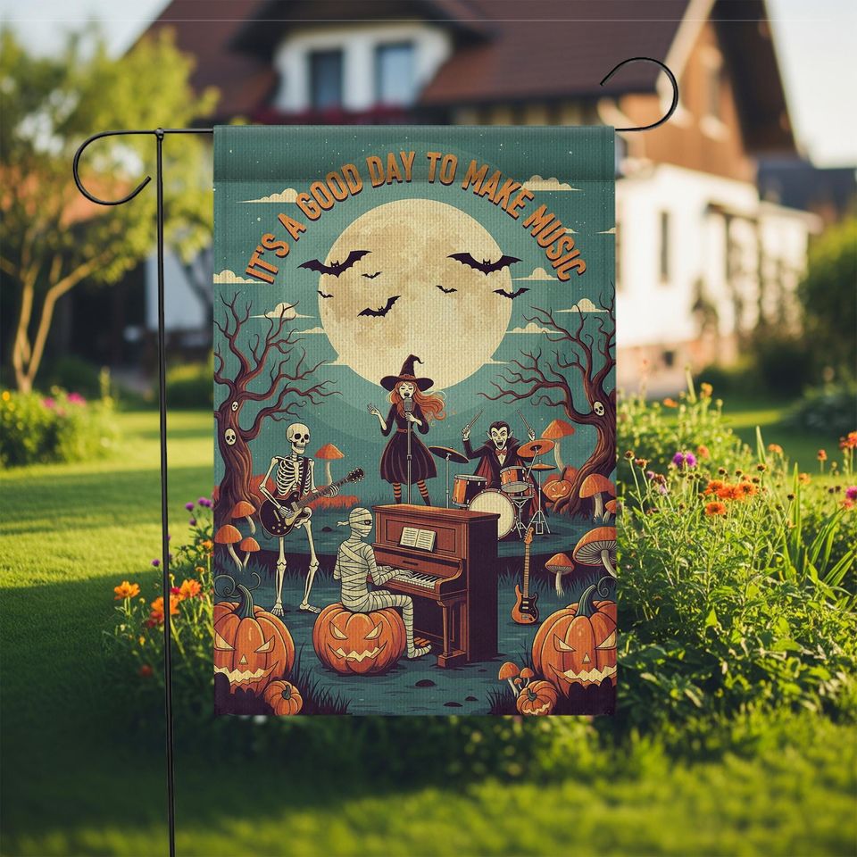 Halloween Music Garden Flag: Spooky Skeletons, Witch & Mummy - Fall Porch Decor