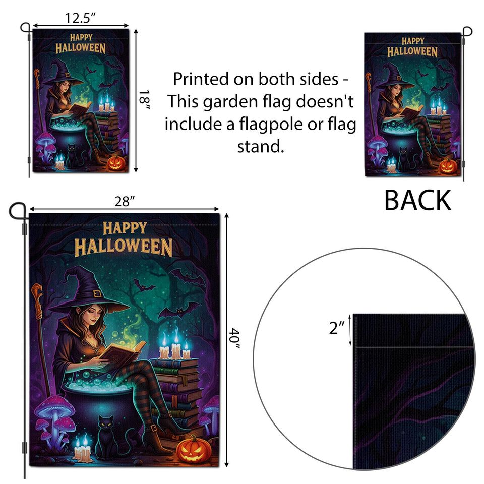 Halloween Witch Garden Flag  Spooky Reading Witch Yard Decor with Cat and Cauldron