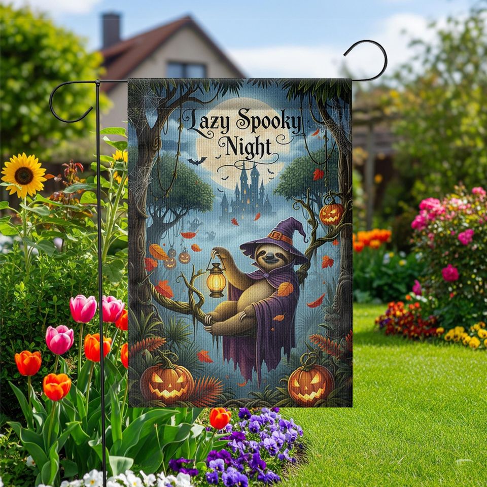 Spooky Sloth Halloween Garden Flag: Funny Witch, Pumpkin Lantern