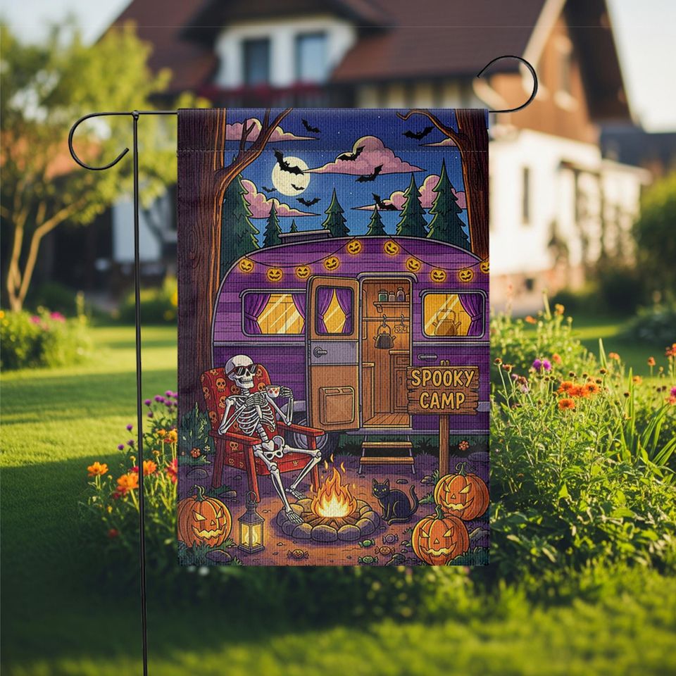 Spooky Camp Halloween Garden Flag  Skeleton Camper Firepit Yard Decor  Fall Camping Outdoor Sign