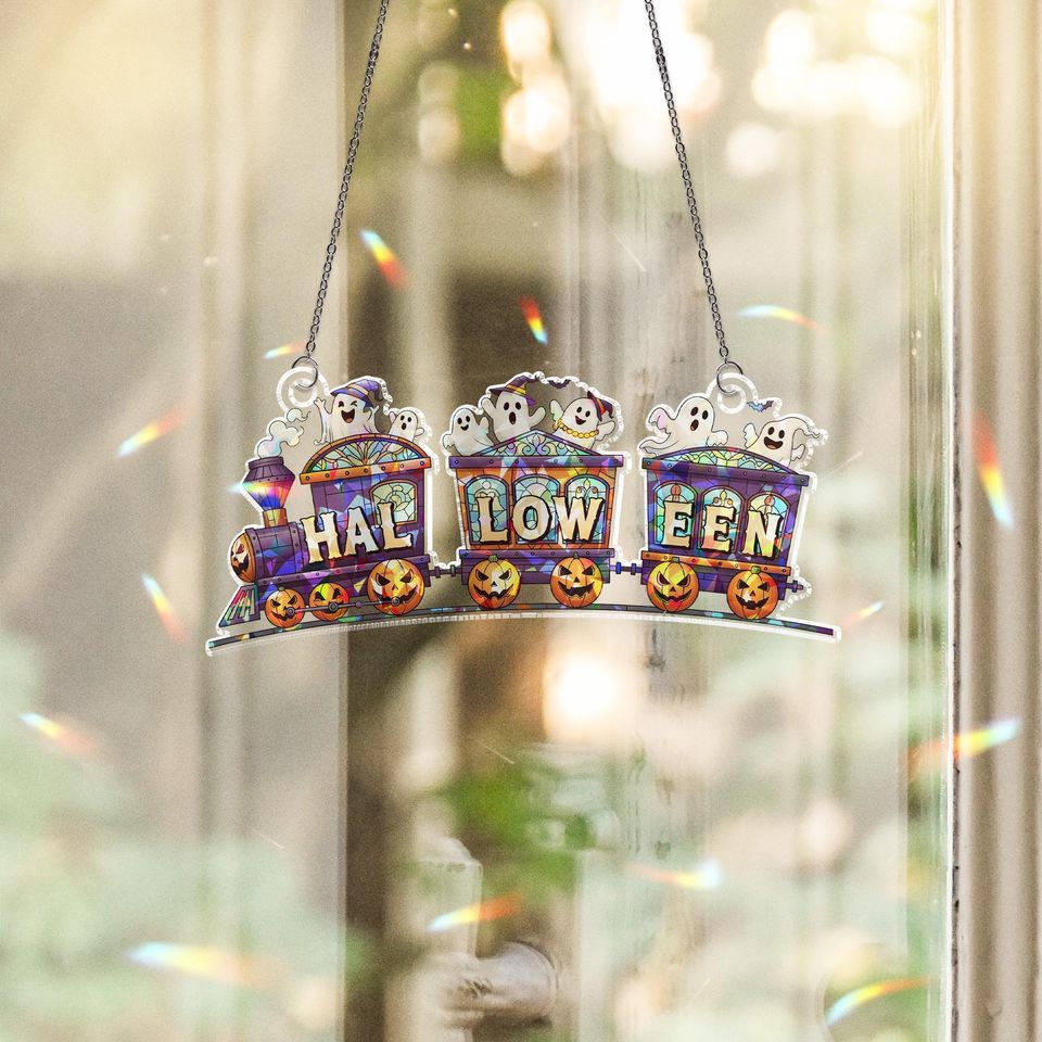 Halloween Train Stained Glass Suncatcher - Ghost Pumpkin Window Decor