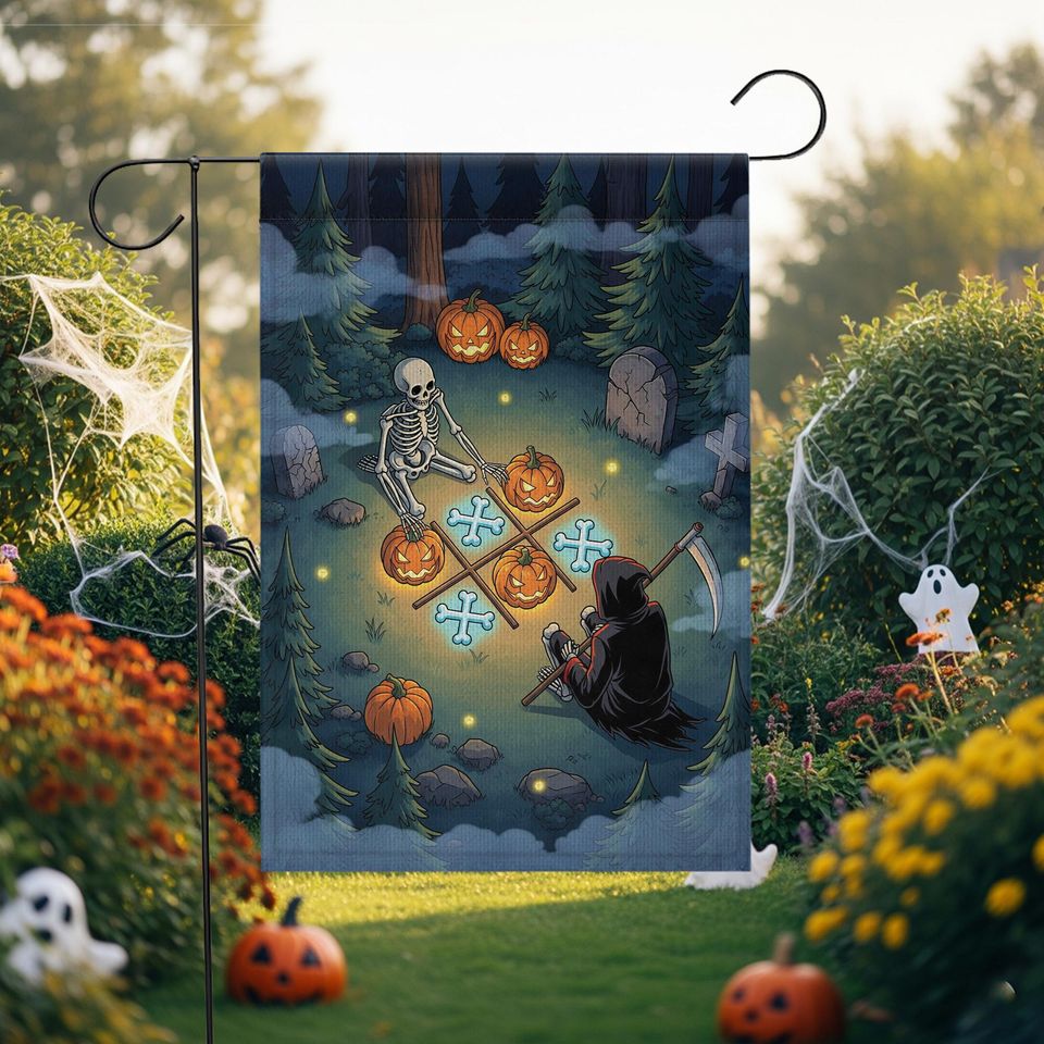 Halloween Garden Flag: Grim Reaper & Skeleton - Spooky Yard Decor