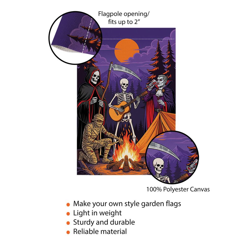 Halloween Campfire Garden Flag  Grim Reaper Skeleton Vampire Mummy Funny Spooky Decor