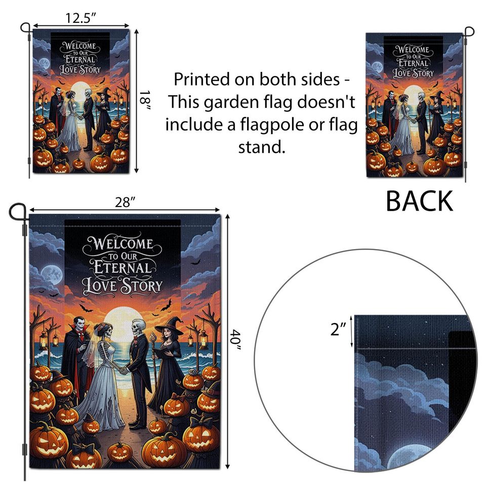Gothic Halloween Wedding Garden Flag: Skeleton Bride & Groom, Spooky Fall Decor