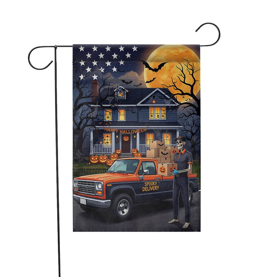 Skeleton Delivery Driver Halloween Garden Flag: Spooky Fall Decor