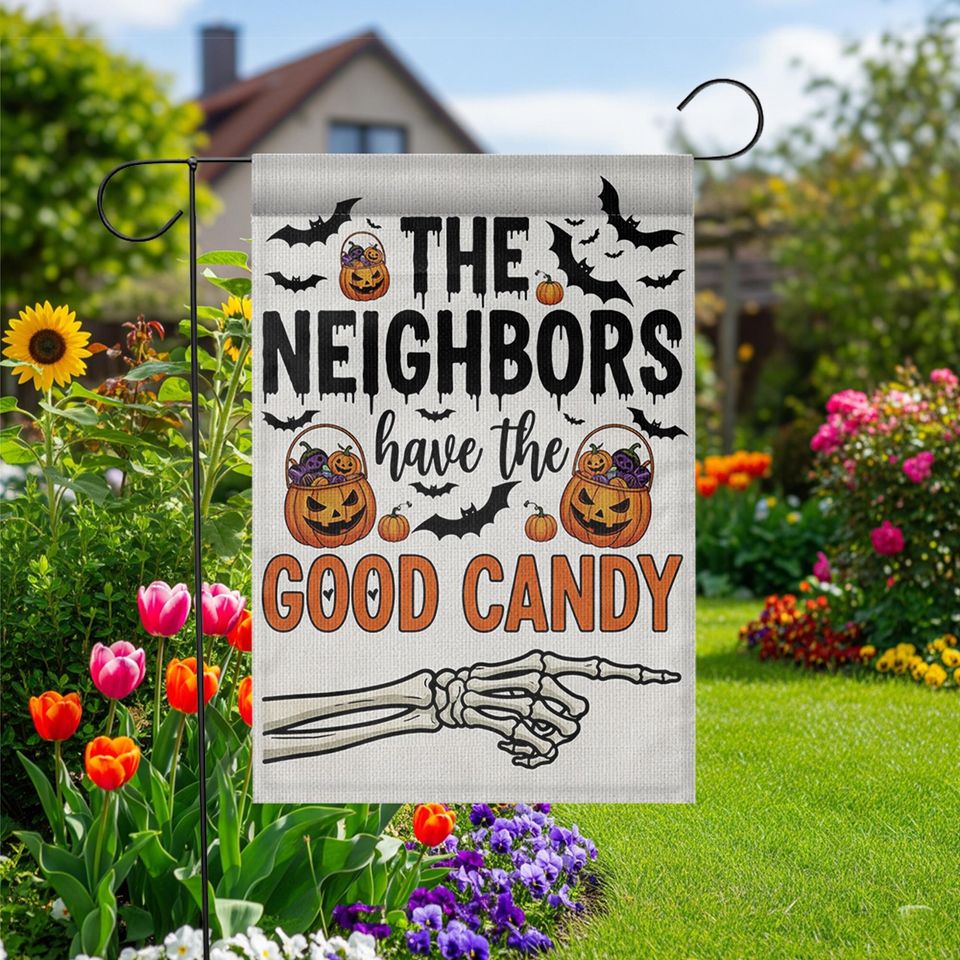 Funny Halloween Garden Flag: "Good Candy" Skeleton Hand Decor